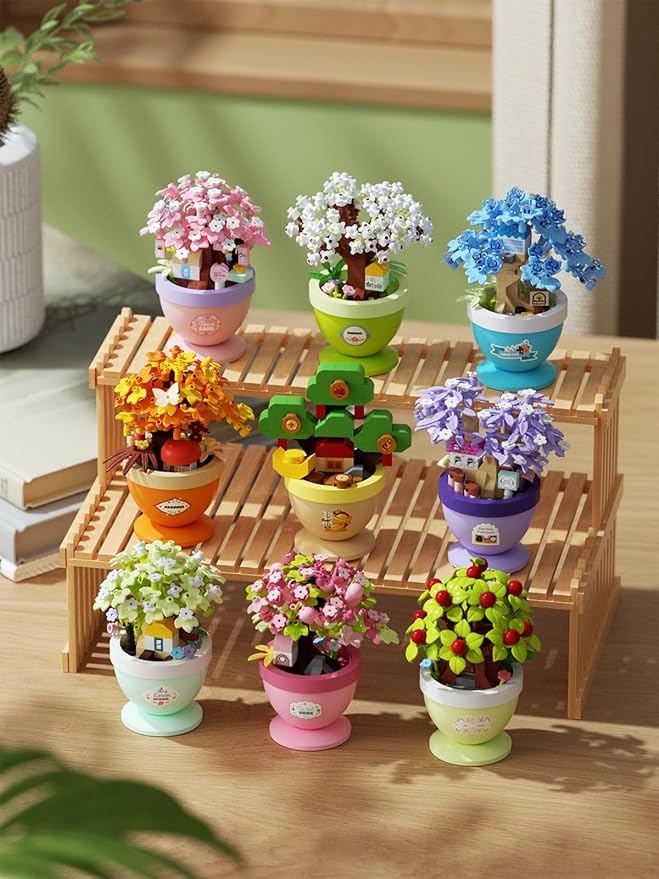 Peach Retreat Mini Bonsai Tree Micro Building Set Building Toy Plant Cherry Tree Flower Collection Decor for Home Desk Greenery Decoration Building Blocks DIY Creative Gifts