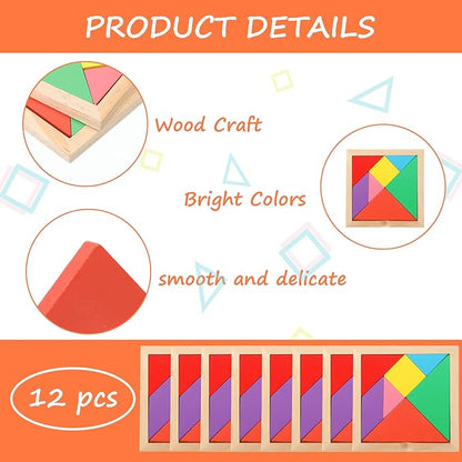 Meooeck 12 Pack Tangrams Wooden Puzzles Tangrams Classroom Set for Kids Shape Puzzles Brain Logic Blocks for Games Educational Gifts for Adults Kids Ages 4-8 8-12(Notch Style)
