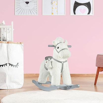 Qaba Kids Plush Ride-On Rocking Horse with Bear Toy, Children Chair with Soft Plush Toy & Fun Realistic Sounds, White