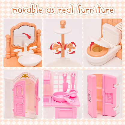 Doll House Mini Furniture 45 Pcs Dollhouse Furniture Set Accessories Pretend Play Bedroom Living Room Bathroom Kitchen for Kids Birthday and Christmas Mixed Color