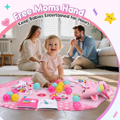 Unicorn Baby Gym Play Mat, 9-in-1 Tummy Time Mat with 7 Baby Toys, Washable Baby Activity Mat for Visual, Sensory, Motor Development, Newborn Baby Toys Gift for Toddler 0-3-4-6-9-12 Months