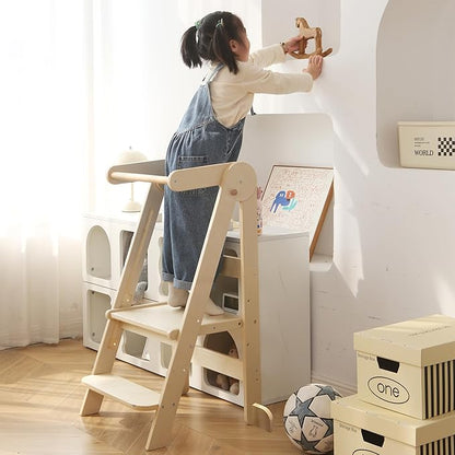 Foldable Toddler Tower 95% Preassembled Kitchen Stool Helper Folding Step Stool for Kids with 3 Adjustable Height Montessori Toddler Standing Tower for Kitchen Counter Sink Natural
