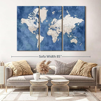 ElephantStock Detailed World Map With Cities I Wall Art - Horizontal Canvas - 3-Piece Living Room Decor - Watercolor Map Canvas Print - Beige and Blue Wall Decor by Blursbyai - 74" X 48"