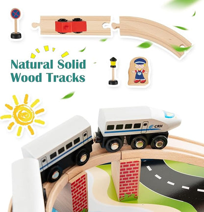 GLACER 80-Piece Train Table, Large Multipurpose Wooden Toy Activity Table Playset with Reversible Detachable Tabletop, Railway Tracks, Trains, Cars, DIY Design, Gift for Boys Girls Age 3+, Multi-Color