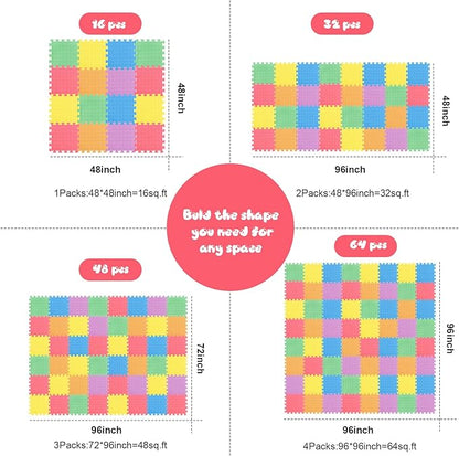 Shihanee 16 Pcs Foam Floor Baby Tiles 11.81 x 11.81 inches Foam Floor Mats Play Mats Bulk with Borders Interlocking for Kids Baby Playroom Nursery Gym（Colorful）
