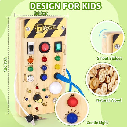 Busy Board with led Light， Sorting Sensory Travel Toys for Toddlers 1-3， Wooden Toddler Busy Board Montessori Toys for 1+ Year Old