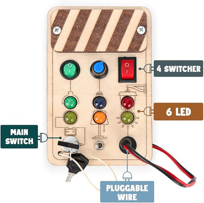 Joyreal Wooden Montessori Busy Board, Toddler Sensory Toys, LED Light Switch, Travel Toys for 2+ Year Old Boy