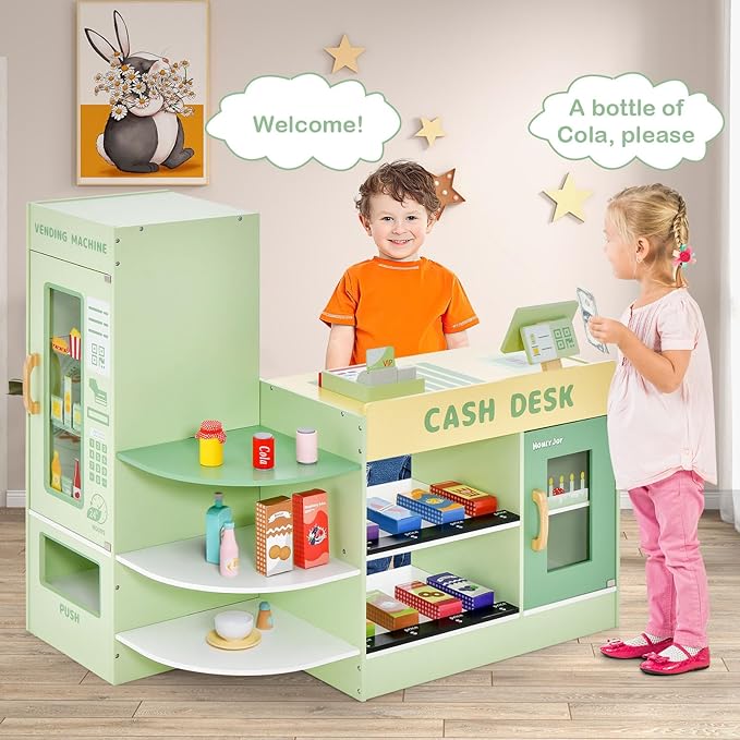 HONEY JOY Kids Grocery Store Playset, Wooden Supermarket Playset w/Cash Register & Vending Machine Toy, Blackboard, Checkout Counter Stand, Grocery Store Pretend Play for Toddler Boys Girls (Green)