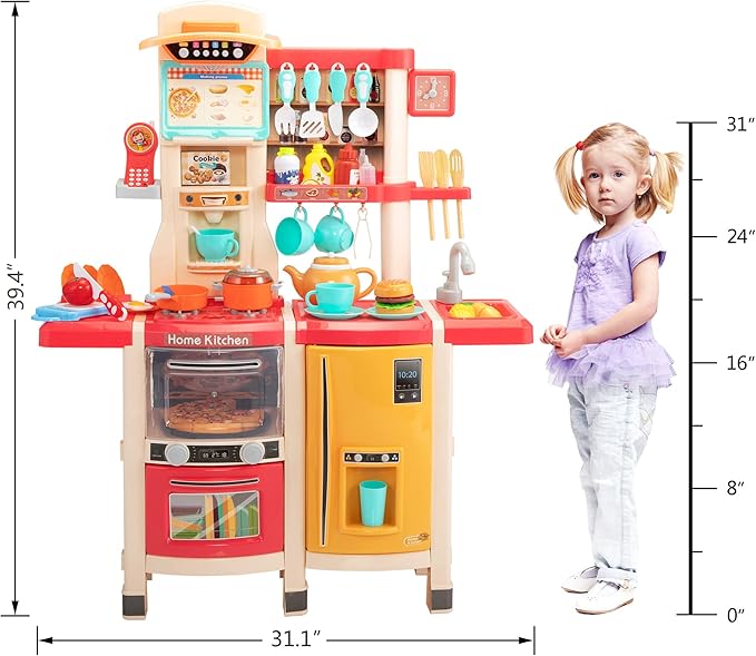SANDINRAYLI Kids Kitchen Playset,65Pcs Play Kitchen Sets for Kids Ages 4-8, Large Play Kitchen for Toddlers 3-5, Kitchen Toys with Running Water, Plastic Pretend Kitchen for Girl & Boy, Pink