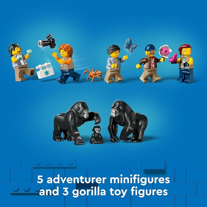 LEGO City Jungle Explorer Helicopter Toy at Base Camp - Kids Toy Adventure Building Set for Boys & Girls, Ages 8+ - with 5 Minifigures & Gorilla Figures - Gift Ideas for Birthdays - 60437