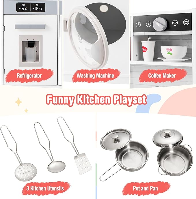 Costzon Kids Kitchen Playset, Wooden Toddler Play Set w/Real Lights & Sounds, Sink, Faucet, Water Dispenser, Microwave, Oven, Washing Machine, Little Chef Pretend Play Kitchen for Kids Ages 3+