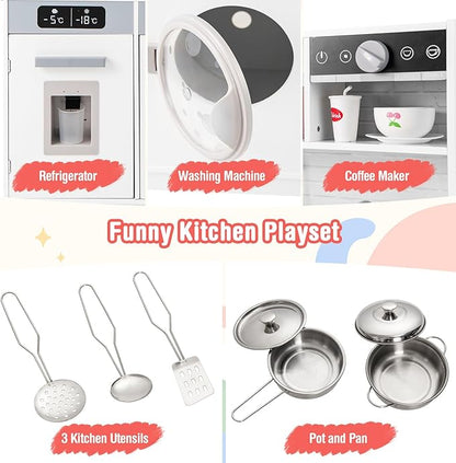 Costzon Kids Kitchen Playset, Wooden Toddler Play Set w/Real Lights & Sounds, Sink, Faucet, Water Dispenser, Microwave, Oven, Washing Machine, Little Chef Pretend Play Kitchen for Kids Ages 3+
