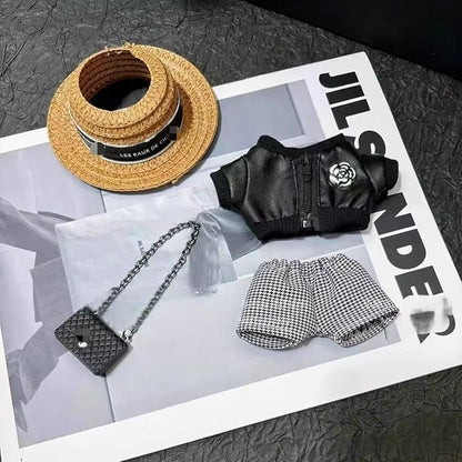 Clothes for Labubu(No Doll) – Cute 4-Piece Straw Hat,Premium Jacket with Chain Bag,Chic Fashion Accessories Set Compatible with 17cm Collectible Figures Stylish Clothes for Boys Girls Birthday