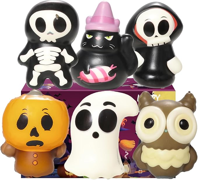 New 6 Packs-Halloween Squishies Toys Slow Rising, Gift Box Includes Ghost: Vampire,Pumpkin,Skull,Black Cat,Mummy,Bat, Halloween Soft Stress Relief Toys for Girls,Boys,Kids Party(6pcs-3)