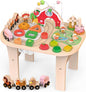 Kids Wooden Farm Activity Table for 1 2 3 Years Old, Montessori Learning Toy with Bead Maze, Shape Sorter & Animal Train, Sensory Development Toy for Toddlers, Educational Gift for Baby Boys Girls 1+