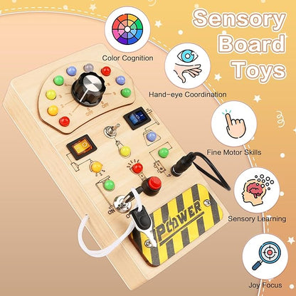 Dreamon Montessori Wooden Busy Board with 15 Led Lights - Baby Sensory Toys Light Switch Travel Toys for Ages 2-4 - Preschool Learning Activities Christmas & Birthday Gifts for Toddlers 18M+