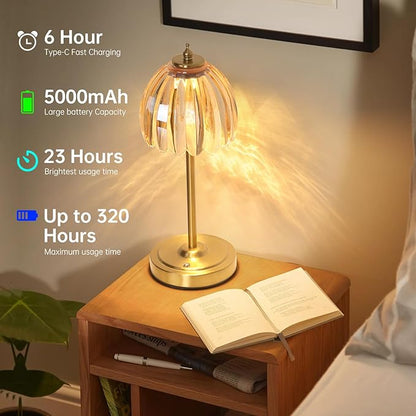 Cordless Small Table Lamp with 5000mAh Battery & Touch Control - 3 Adjustable Color Temperatures, Dimmable Rechargeable Table Lamps for Living Room, Bedroom, Desk, Nightstand (Amber Tulip)