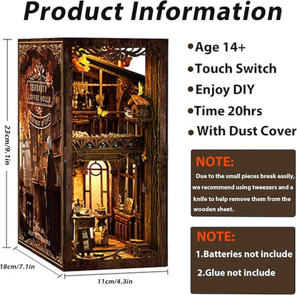 ISSEVE Book Nook Kit, DIY 3D Wooden Puzzle Dollhouse Booknook for Adults, Tiny Miniature House Kit Bookshelf Decor with LED Light and Dust Cover, Gifts for Family and Friends (Coffee House)