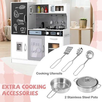 HONEY JOY Upgrade 39 in Kids Kitchen Playset, Large Wooden Little Chef Pretend Toy Kitchen Set w/Chalkboard, Telephone, Utensils, Oven, Microwave, Sink, Storage, Play Kitchen for Toddlers (White)