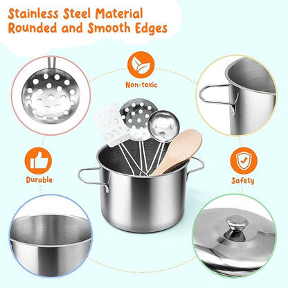Kids Pretend Play Kitchen Accessories Set, 38Pcs Stainless Steel Play Pots Pans Sets for Kids, Toy Cookware Cooking Utensils Play Food Dish Toddler Kitchen Playset Gifts for Boys Girls