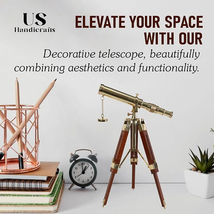 Vintage Brass Telescope on Tripod Stand – DF Lens Antique Desktop Telescope for Home Decor & Table Accessory | Nautical Spyglass for Navy & Outdoor Adventure