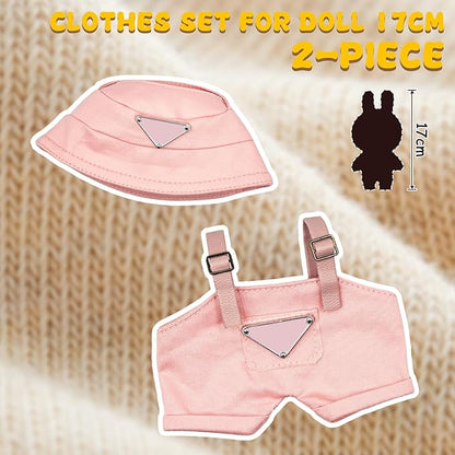 Clothes for 6.7in Plush Doll(NO Doll), Hat & Overalls Set with Triangular Badge, Handcrafted 2-Piece Clothes Set, Fashion Cute Outfit for Dolls Accessories(Pink)