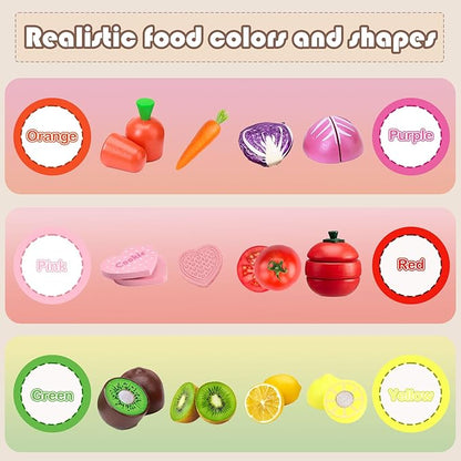 Play Kitchen Accessories, Wooden Play Food, Pretend Kitchen Cutting Fruit Vegetables Toys for Toddlers 3+ Years with Basket, Educational Toddler Toys for Fine Motor Skills, Gift for Boys Girls