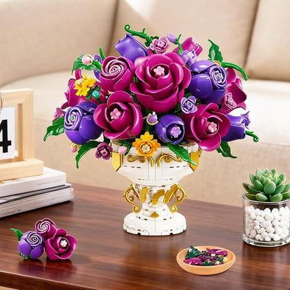 Purple Rose Flower Building Set with Vase, 969 PCS Botanicals Flowers Bouquet Building Block Kit, 18 Rose Bonsai Plant Collection Home Decor, Birthday Gift for Adults Women Boys Girls 12+