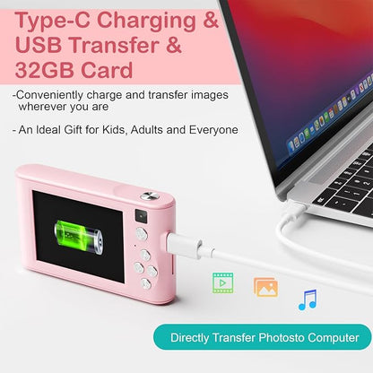 Upgrade Kids Digital Camera, Christmas Birthday Gifts for Girls Age 3-12, HD Digital Selfie Video Cameras for Toddler, Portable Toy for 3 4 5 6 7 8 9 10 Year Old Girl with 32GB SD Card-Pink