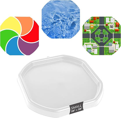 MEKA Tuff Tray with 3 Play Mats, Sensory for Kids Road, Water, Color Themes, Indoor Outdoor Use, Home or Classroom (White, Small 28" x 28")