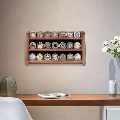 3 Rows Solid Wood Military Challenge Coin Holder Display - Holds 21-24 Coins, Army Coin Rack Display Case Stand for Wall Mount or Tabletop, Walnut