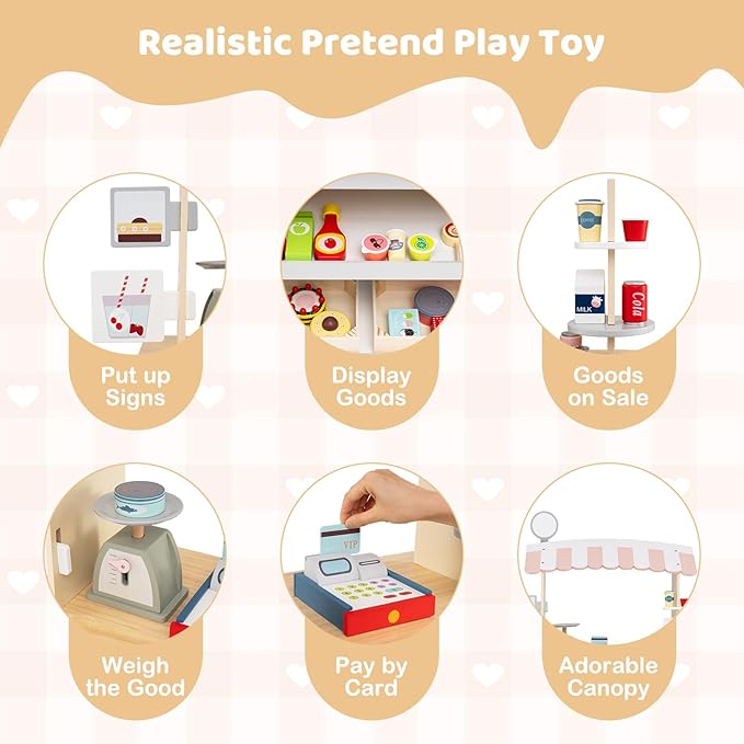 HONEY JOY Kids Food Cart, 30-Piece Toddler Pretend Play Grocery Store Playset w/Cash Register & Scale, Wooden Dessert Shop Play Market, Children Beverage Stand Cart w/Wheels, Gift for Boys Girls