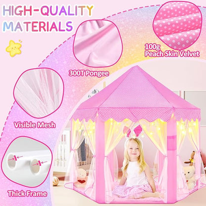 EVOIONOS Princess Tent for Girls, Kids Play Tent with LED Star Lights, Castle Playhouse for Children Indoor Outdoor Games, 55X53 inches, Pink