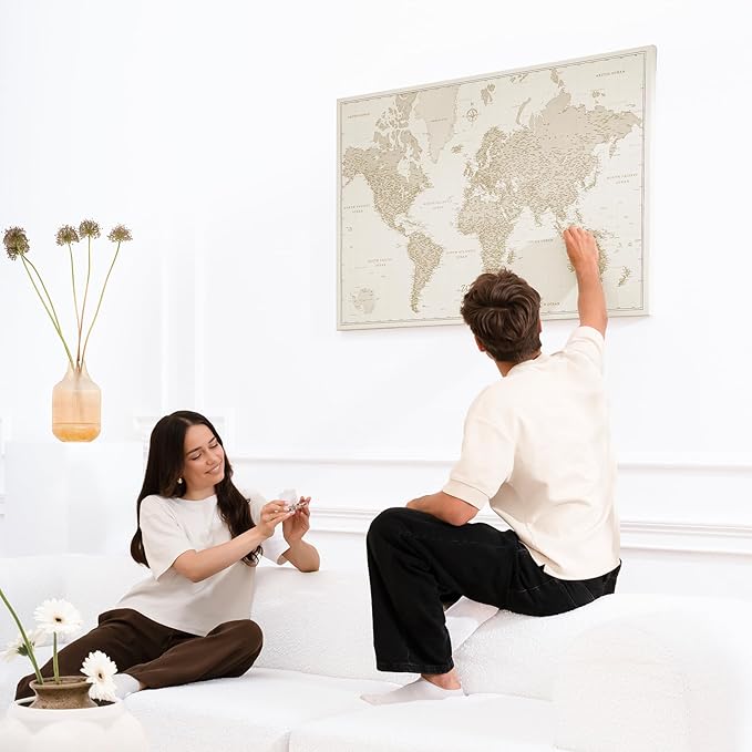 Canvas World Map with Cork Pin Board - English Lettering - Decorative Wall Decoration for All Rooms - Canvas Pictures with World Map Motif (150x100 cm, Pattern 9)