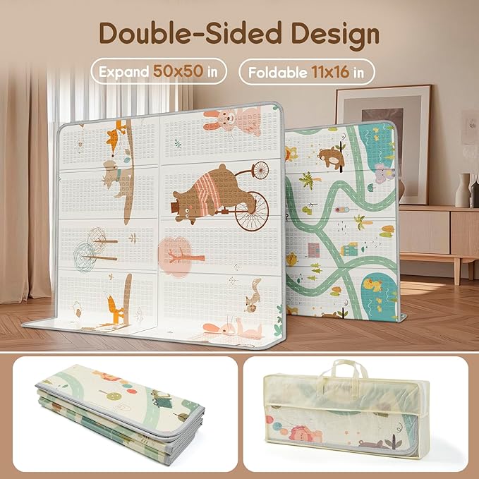Foldable Baby Play Mat, PIGLOG Waterproof Playmats for Babies and Toddlers Kids, Safe Foam Playmat for Tummy Time, 50x50 Playpen Mat, Reversible Portable Baby Floor Mat for Infant, Toddler, Bear