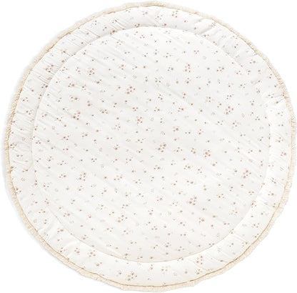 MakeMake Organics Organic Play Mat GOTS Certified Organic Cotton Nursery Floor Rug Washable Reversible Non Toxic Activity Mat Tummy Time Crawling Pad Thick Quilted (Round 48", Bloom + Solid Oat)