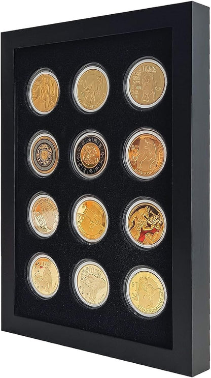 Wooden Challenge Coin Display Shadow Box,12 Coin Display Case,Military Coin Holder Display,Casino Chip Display Case Cabinet Holder,Collector Coin Display Frame ,98% UV Protection,with HD Glass.