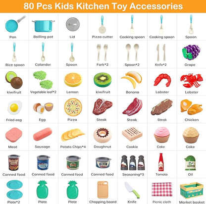 80Pcs Kitchen Playset, Toddler Pretend Cooking with Pots, Pans, Cookware, Food, Picnic Blanket, Fruits, Veges, Shopping Storage Basket, Dessert , Learning Gift for Girls Boys (Turquoise)
