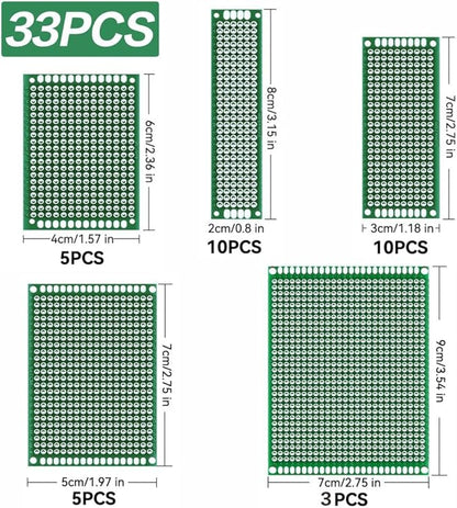33pcs double-sided PCB prototype circuit board kit, 5 sizes of green universal printed circuit boards, can be used for electronic component soldering, suitable for DIY soldering projects.