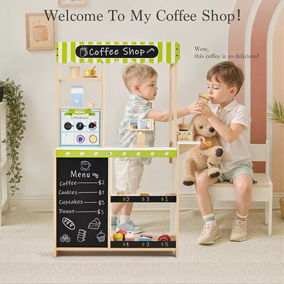 Frogprin 24 Pcs Pretend Play Coffee Shop, Kids Grocery Store Set, Wooden Drive-Thru Window, Coffee Maker, Oven, Cash Register, Bakery Toys Food Accessories Gift for Boys Girls 3+ Years Old