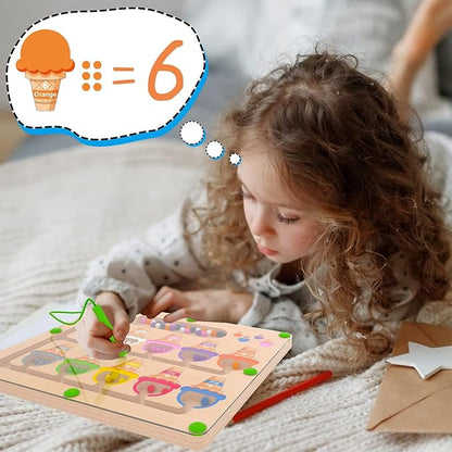Magnetic Color & Number Maze - Montessori Wooden Color Matching Learning Counting Puzzle Board - Toddler Fine Motor Skills Toys for Boys Girls 3 4 5 Years Old