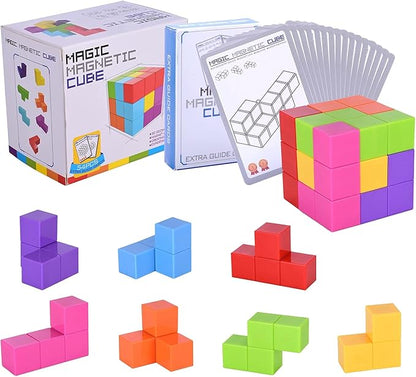 WorWoder Kids Magnetic Building Blocks Magic Magnetic 3D Puzzle Cubes, Set of 7 Multi Shapes Magnetic Blocks with 54 Guide Cards, Intelligence Developing and Stress Relief Fidget Toys for Kids(Pink)