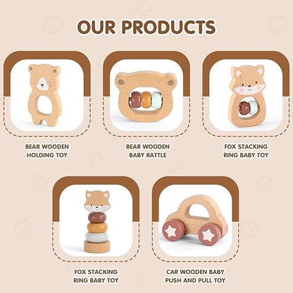 Freniland Wooden Montessori Toys, 5-Piece Wooden Baby Toys, Bear Wooden Baby Rattle, Fox Stacking Ring,Wooden Car Push and Pull Toys, Bear Grasping Toys,Newborn Baby Gift Sets for Boys and Girls