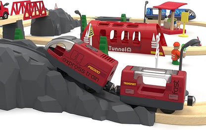 Toy Train Set Remote Control Locomotive Trains, Motorized Train for Wooden Track, Electric Train and Tunnel with Sound & Lighting Effect, Magnetic Trains Compatible with Thomas, Brio, Chuggington