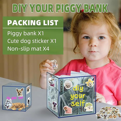Clear Piggy Bank for Adults/Kids, Acrylic Unopenable Money Box for Cash Coin Saving, Must Break to Open, Money Saving Jar for Adults Boys Girls, Size 7.48''