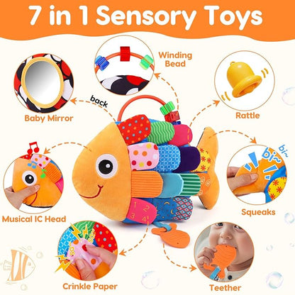 Baby Sensory Tummy Time Toys 0-6 Months Music Fish Toy for Newborn 3 4 5 6 Month Old Black and White High Contrast Infant Toys with Mirror Crinkle Rattle for 3-6 6-12 Months Baby Boy Girl Shower Gifts