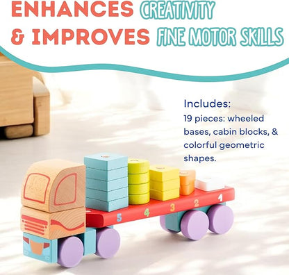 CUBIKA Wooden Geometric Shapes Truck– Montessori Toy for Toddlers Ages 3+– Shape Sorter and Stacking Truck Building Toy– FSC-Certified Wood, German Water-Based Paints, Travel-Friendly