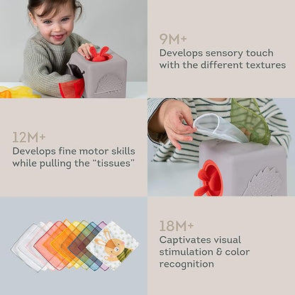 Taf Toys Baby Tissue Box Montessori Toys for Babies - Sensory & Motor Skills Development Silicone Toy with 10 Fabric Tissues, Pop-Up Bunny, Toys for 1 Year Old Boy Girl Preschool Toy