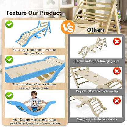 Pikler Triangle Set Climber 5 in 1, Toddler Climbing Toys Indoor Folding with Ramp & Arch & Mat for Montessori Play Gym for Toddlers and Kids (Blue)(105" Wx25 Dx31.5 H)
