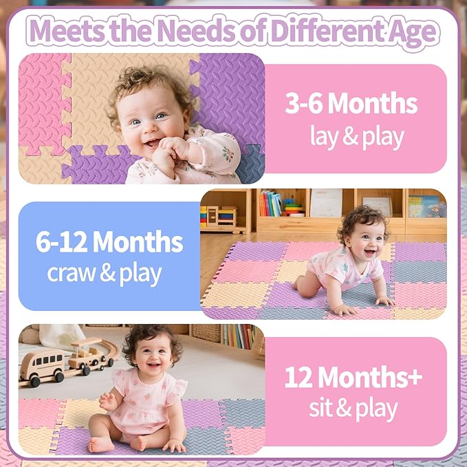 36 Tiles Foam Play Mat for Baby, 0.4 Inch Thick Foam Interlocking Floor Mats, Non-Toxic Baby Playmat, Solid Colored Puzzle Play Mat Kids Floor Mats for Toddler(Beige/Pink/Purple/Gray Blue)